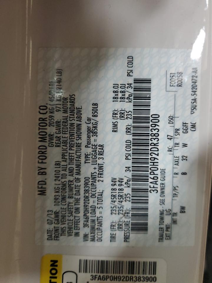 2013 Ford Fusion Se VIN: 3FA6P0H92DR383900 Lot: 93240985