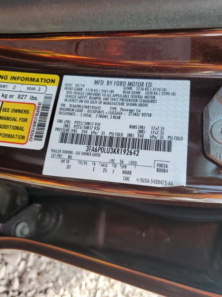 2019 Ford Fusion Se VIN: 3FA6P0LU3KR192642 Lot: 91432845