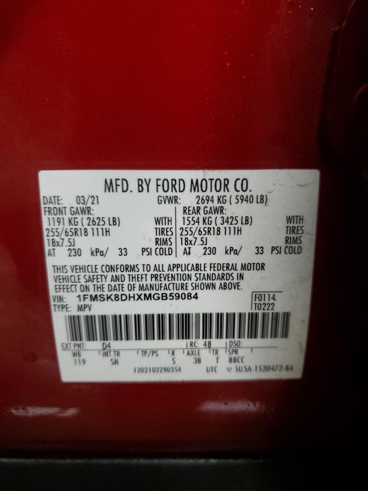 2021 Ford Explorer Xlt VIN: 1FMSK8DHXMGB59084 Lot: 92652695