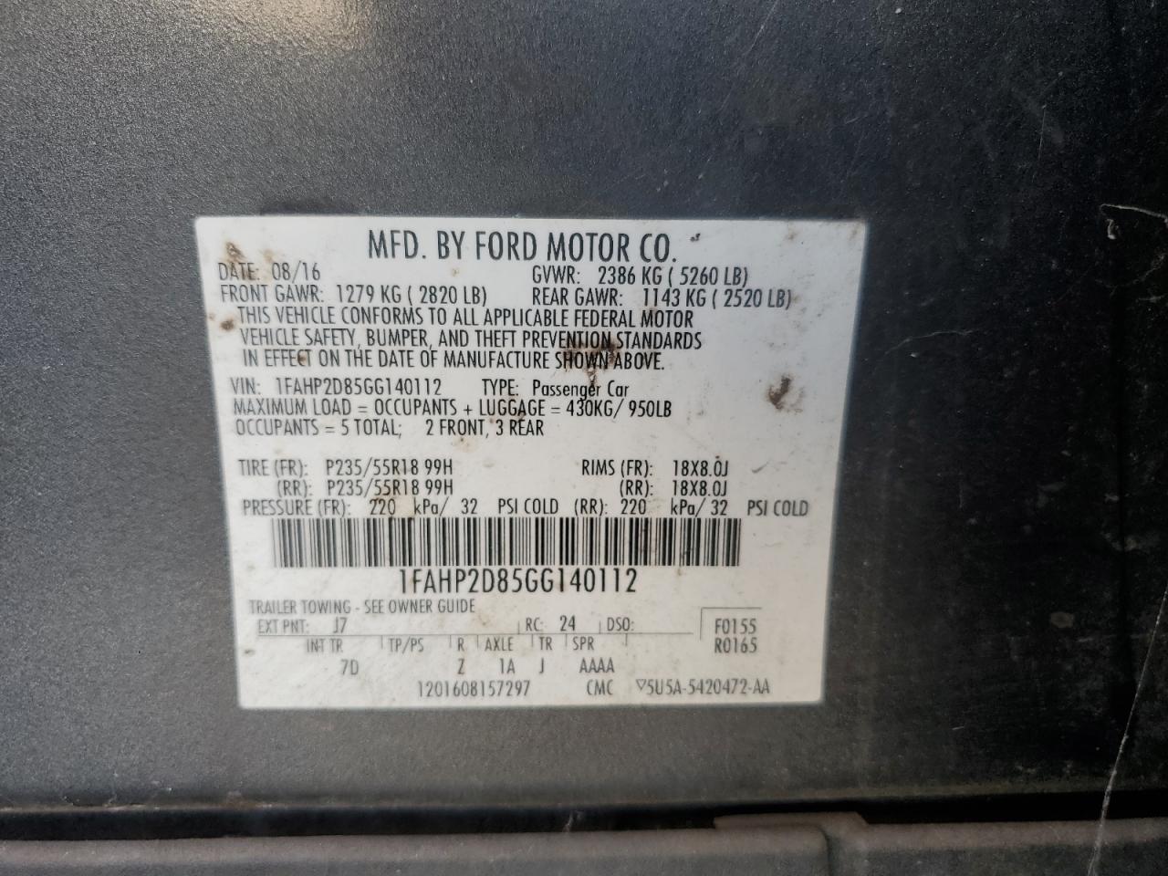 2016 Ford Taurus Se VIN: 1FAHP2D85GG140112 Lot: 93663145