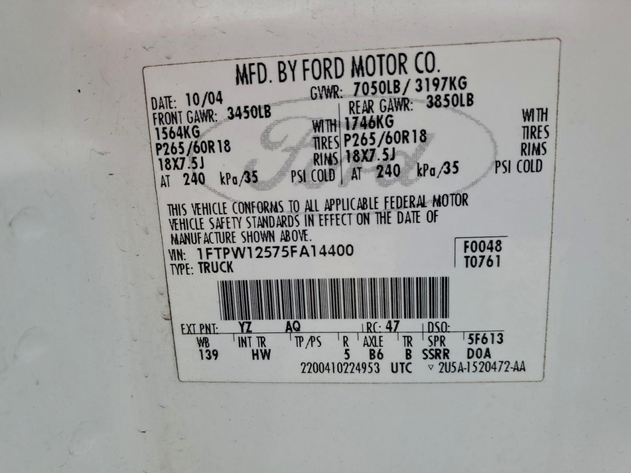 2005 Ford F150 Supercrew VIN: 1FTPW12575FA14400 Lot: 93638175