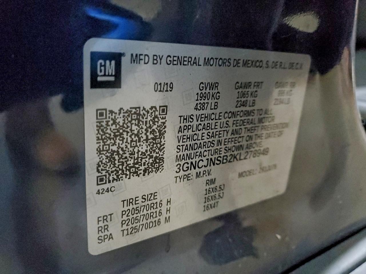 2019 Chevrolet Trax Ls VIN: 3GNCJNSB2KL278949 Lot: 93450045