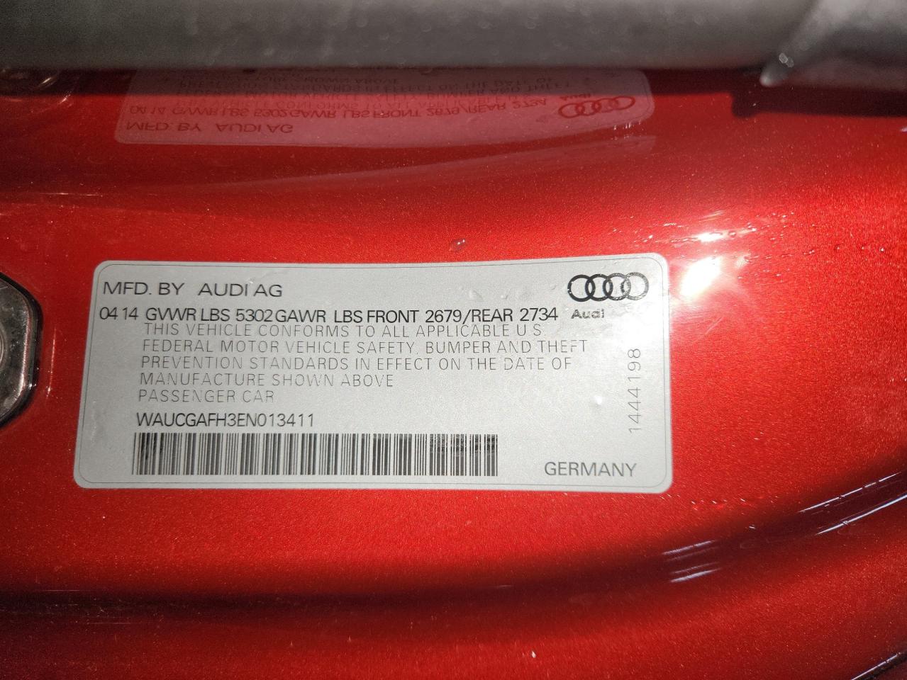 2014 Audi S5 Premium Plus VIN: WAUCGAFH3EN013411 Lot: 92924105