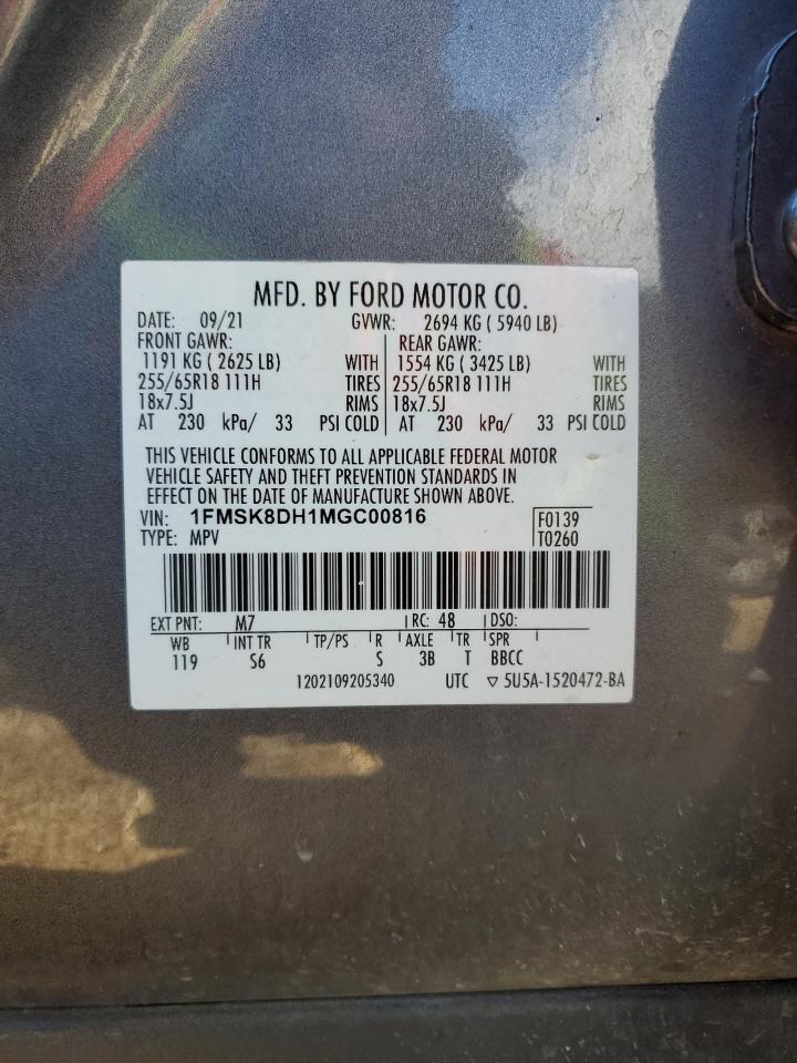 2021 Ford Explorer Xlt VIN: 1FMSK8DH1MGC00816 Lot: 90527275