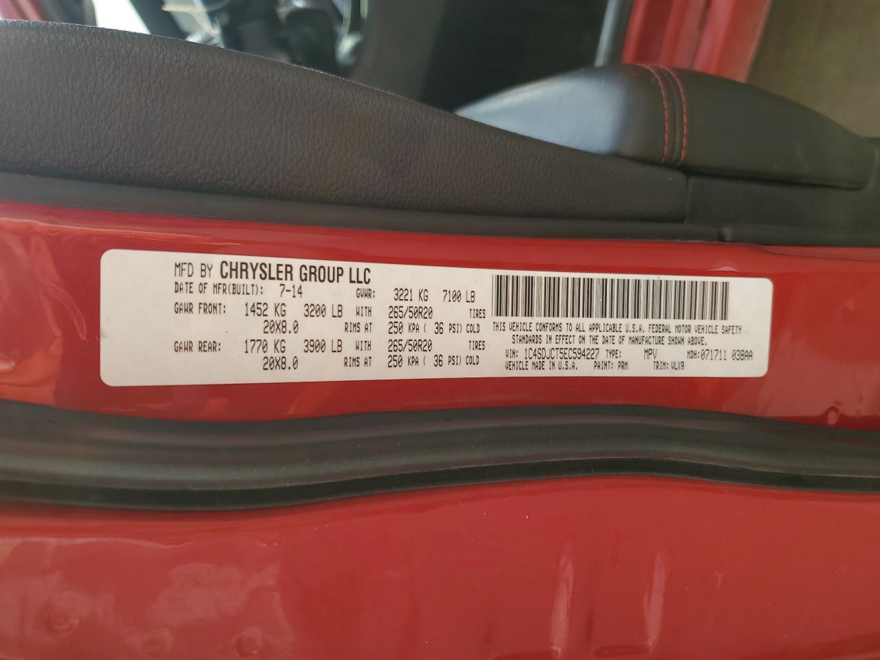 2014 Dodge Durango R/T VIN: 1C4SDJCT5EC594227 Lot: 93068785