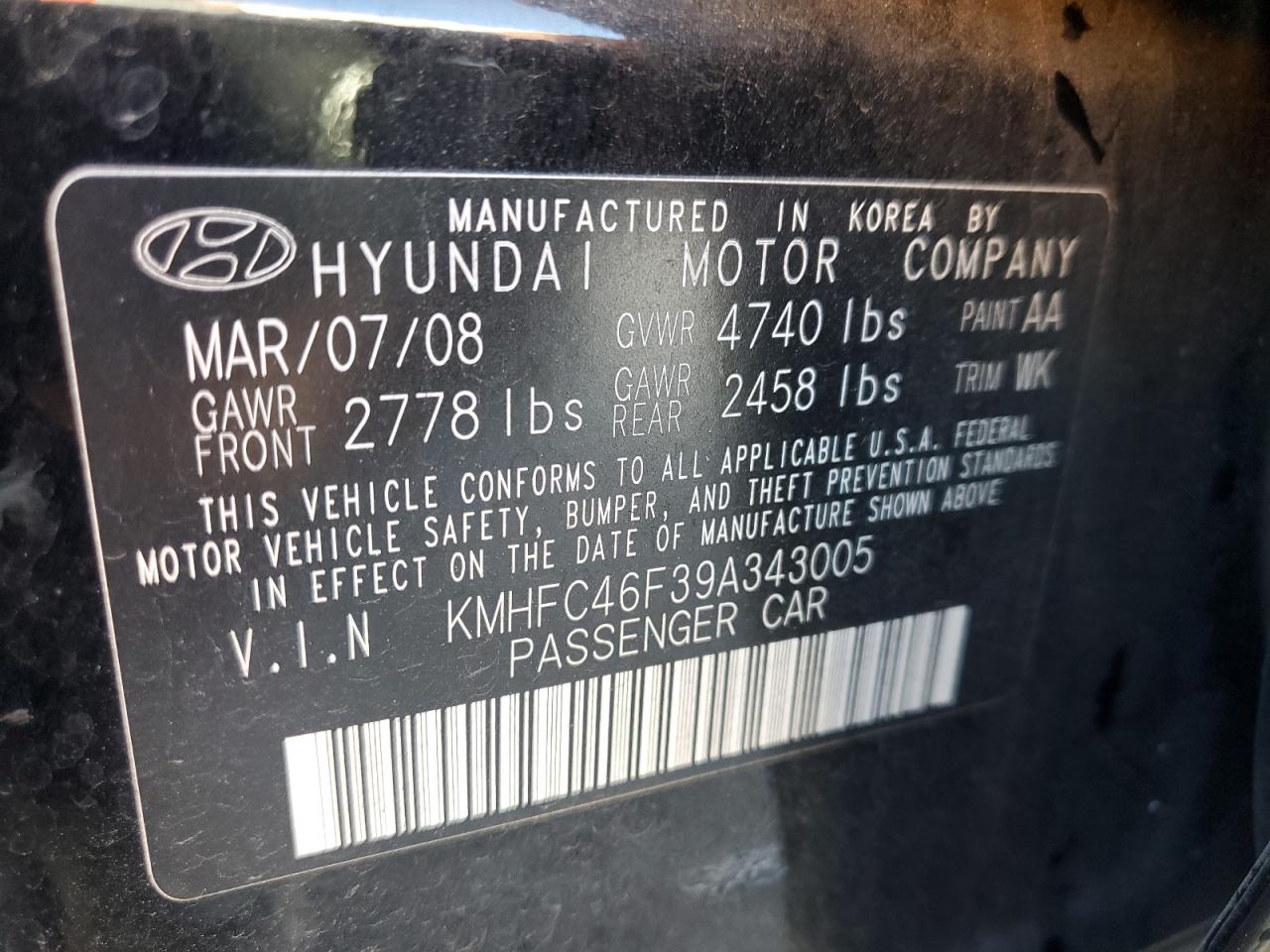 2009 Hyundai Azera Se VIN: KMHFC46F39A343005 Lot: 91314205