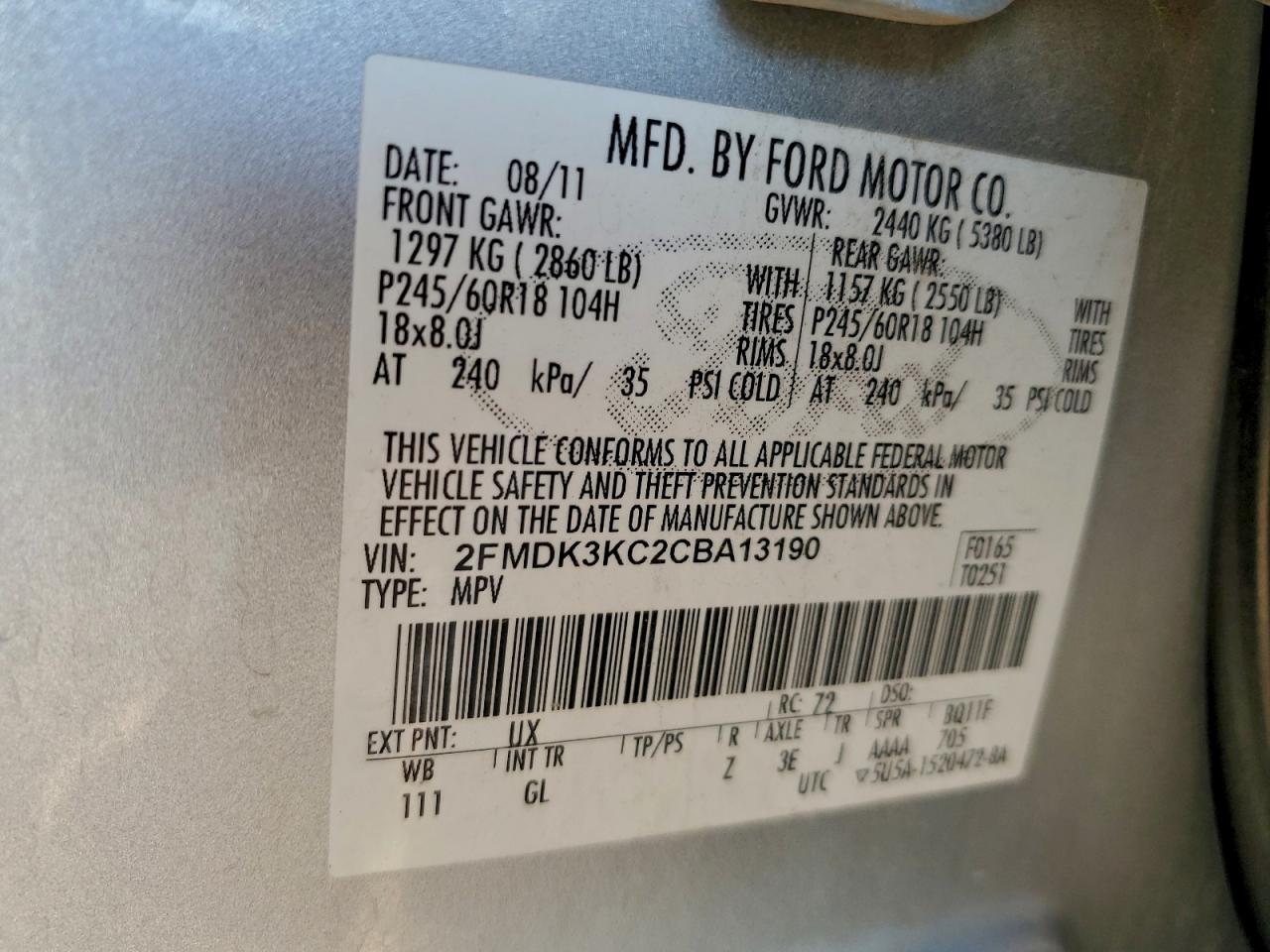 2012 Ford Edge Limited VIN: 2FMDK3KC2CBA13190 Lot: 93285485