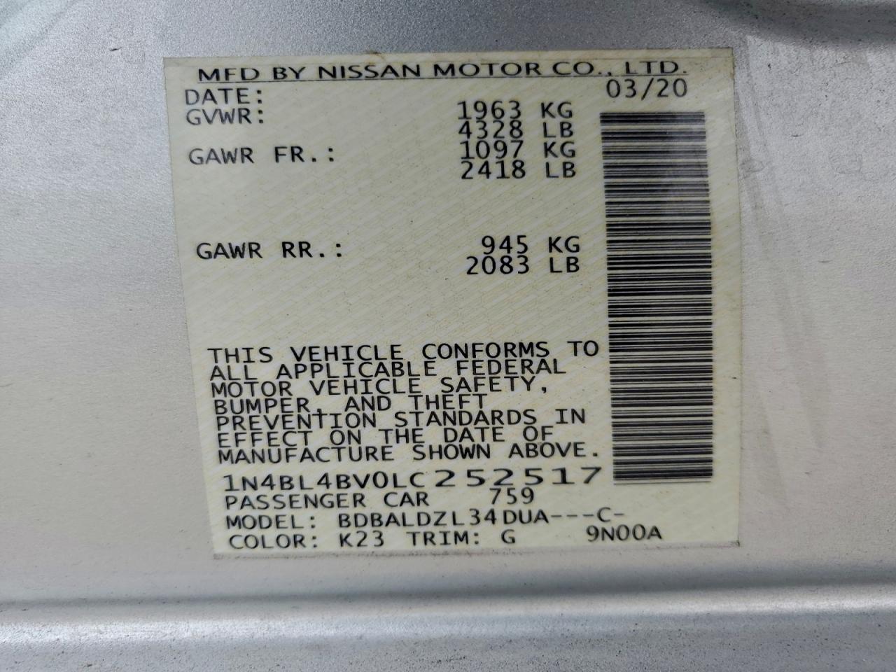 2020 Nissan Altima S VIN: 1N4BL4BV0LC252517 Lot: 93619715