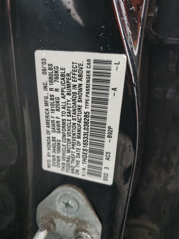 2003 Honda Civic Lx VIN: 1HGES16533L038285 Lot: 92723195