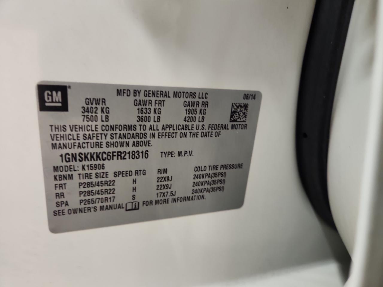 2015 Chevrolet Suburban K1500 Ltz VIN: 1GNSKKKC6FR218316 Lot: 91412805