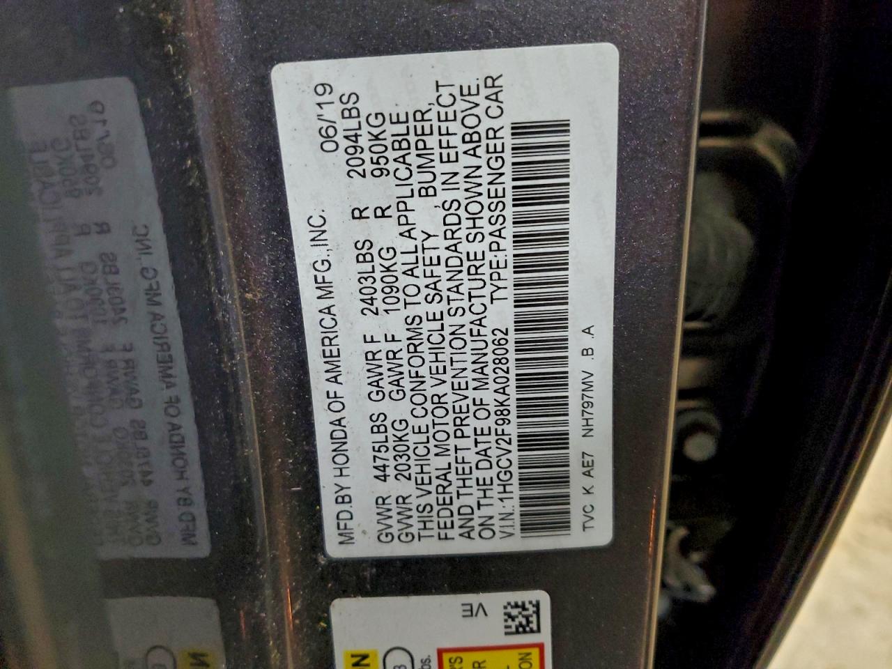 2019 Honda Accord Touring VIN: 1HGCV2F98KA028062 Lot: 94252425