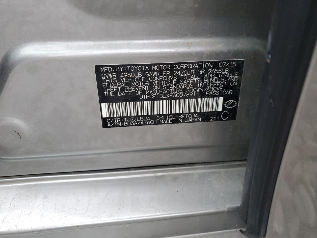 2015 Lexus Gs 350 VIN: JTHCE1BLXFA007891 Lot: 93354485