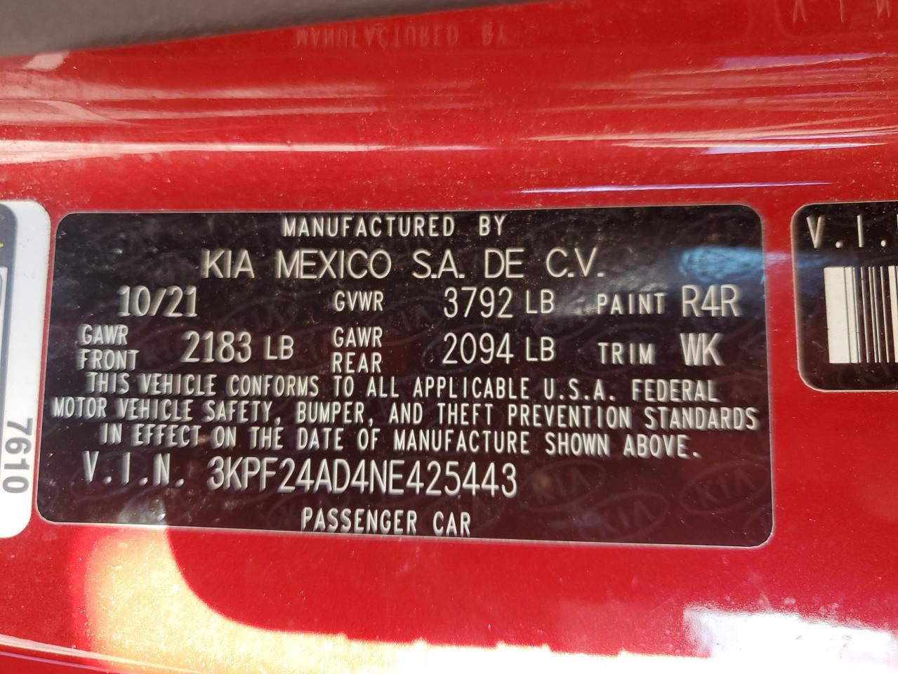 2022 Kia Forte Fe VIN: 3KPF24AD4NE425443 Lot: 91087255