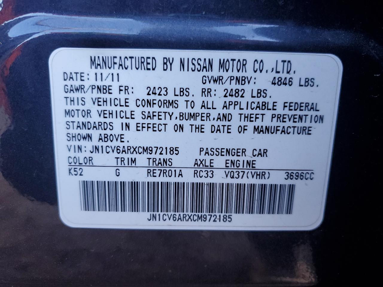 2012 Infiniti G37 VIN: JN1CV6ARXCM972185 Lot: 91450635