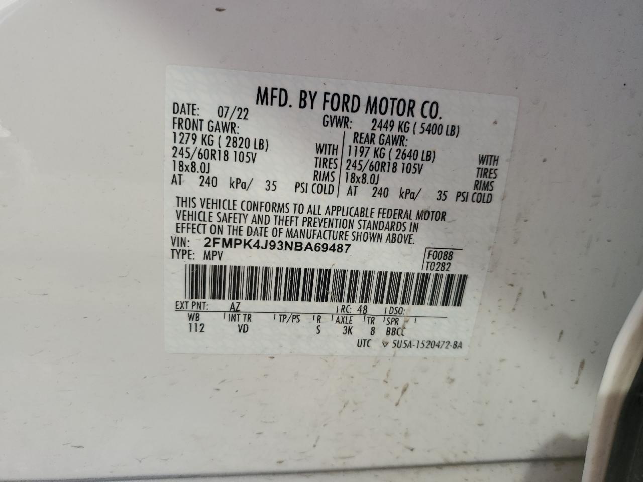 2022 Ford Edge Sel VIN: 2FMPK4J93NBA69487 Lot: 91113295