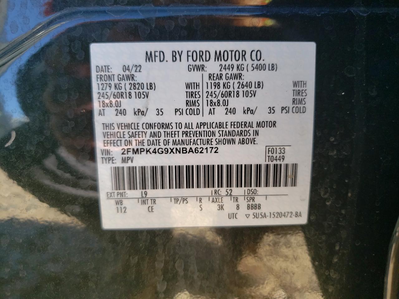 2022 Ford Edge Se VIN: 2FMPK4G9XNBA62172 Lot: 91872805