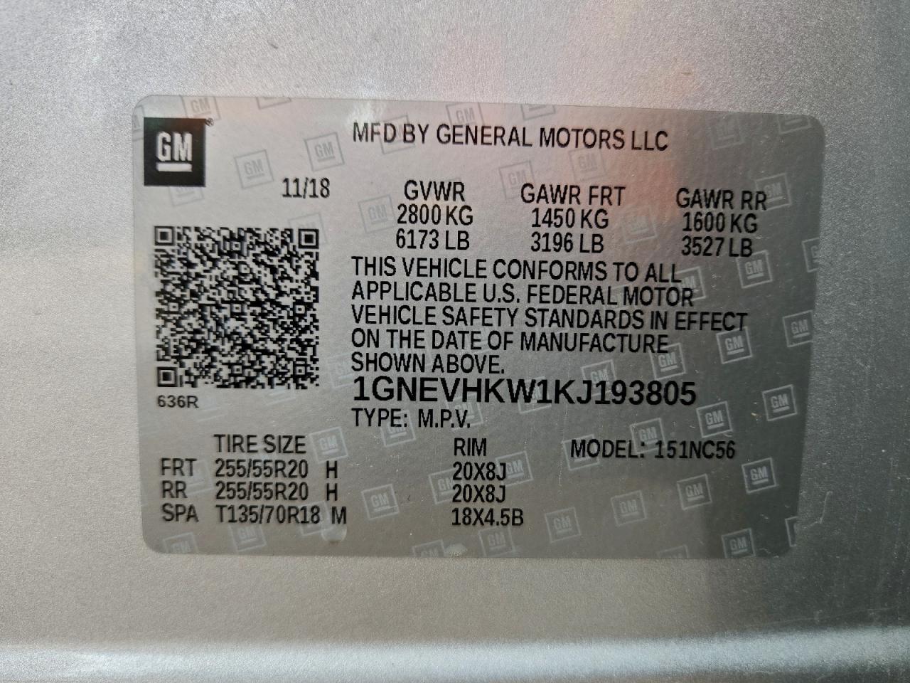 2019 Chevrolet Traverse Lt VIN: 1GNEVHKW1KJ193805 Lot: 93973175