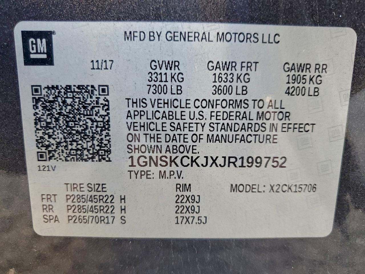 2018 Chevrolet Tahoe K1500 Premier VIN: 1GNSKCKJXJR199752 Lot: 93892195