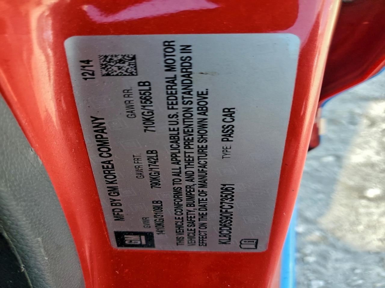 2015 Chevrolet Spark 1Lt VIN: KL8CD6S90FC735061 Lot: 94232405