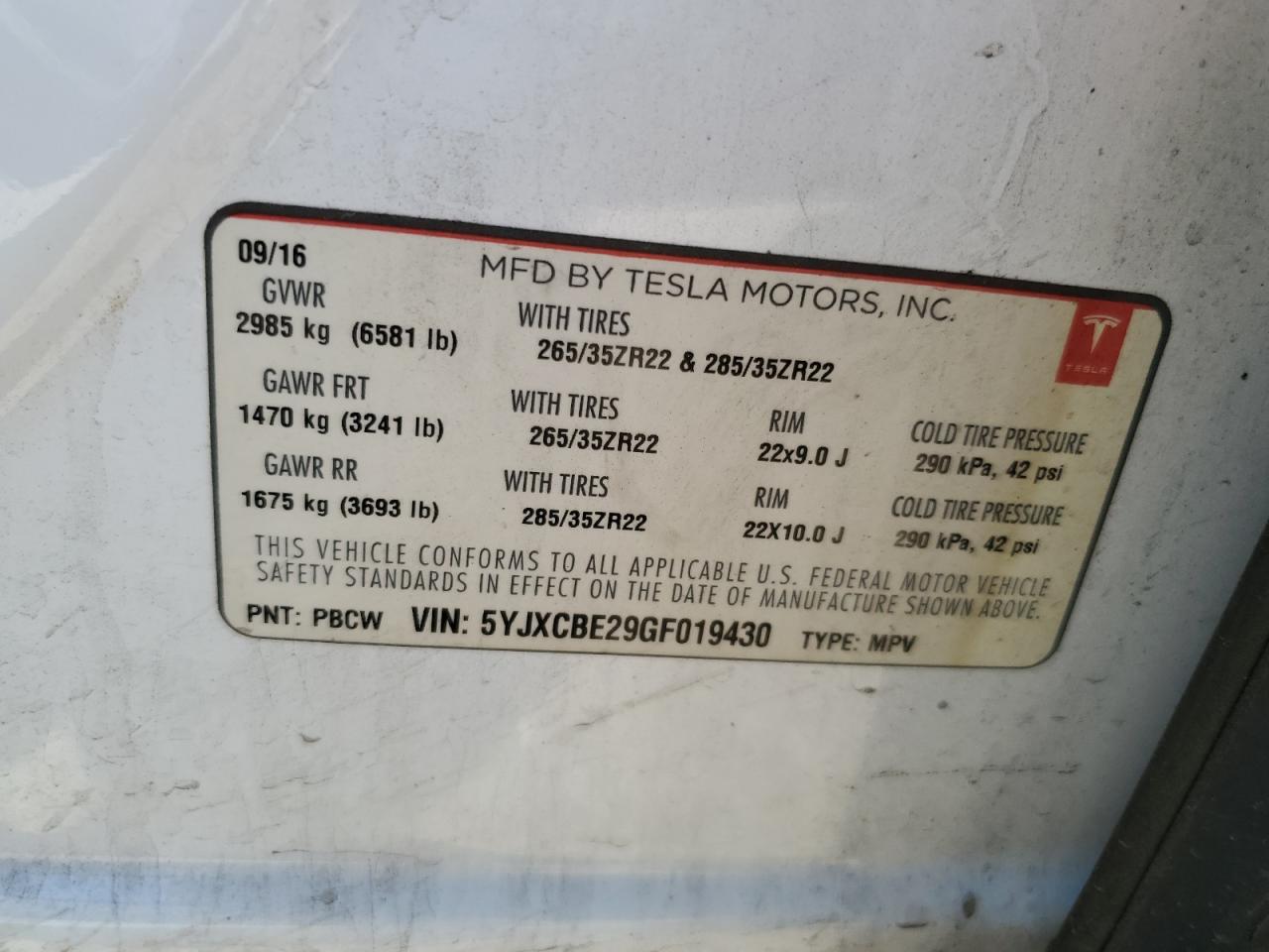 2016 Tesla Model X VIN: 5YJXCBE29GF019430 Lot: 90929565