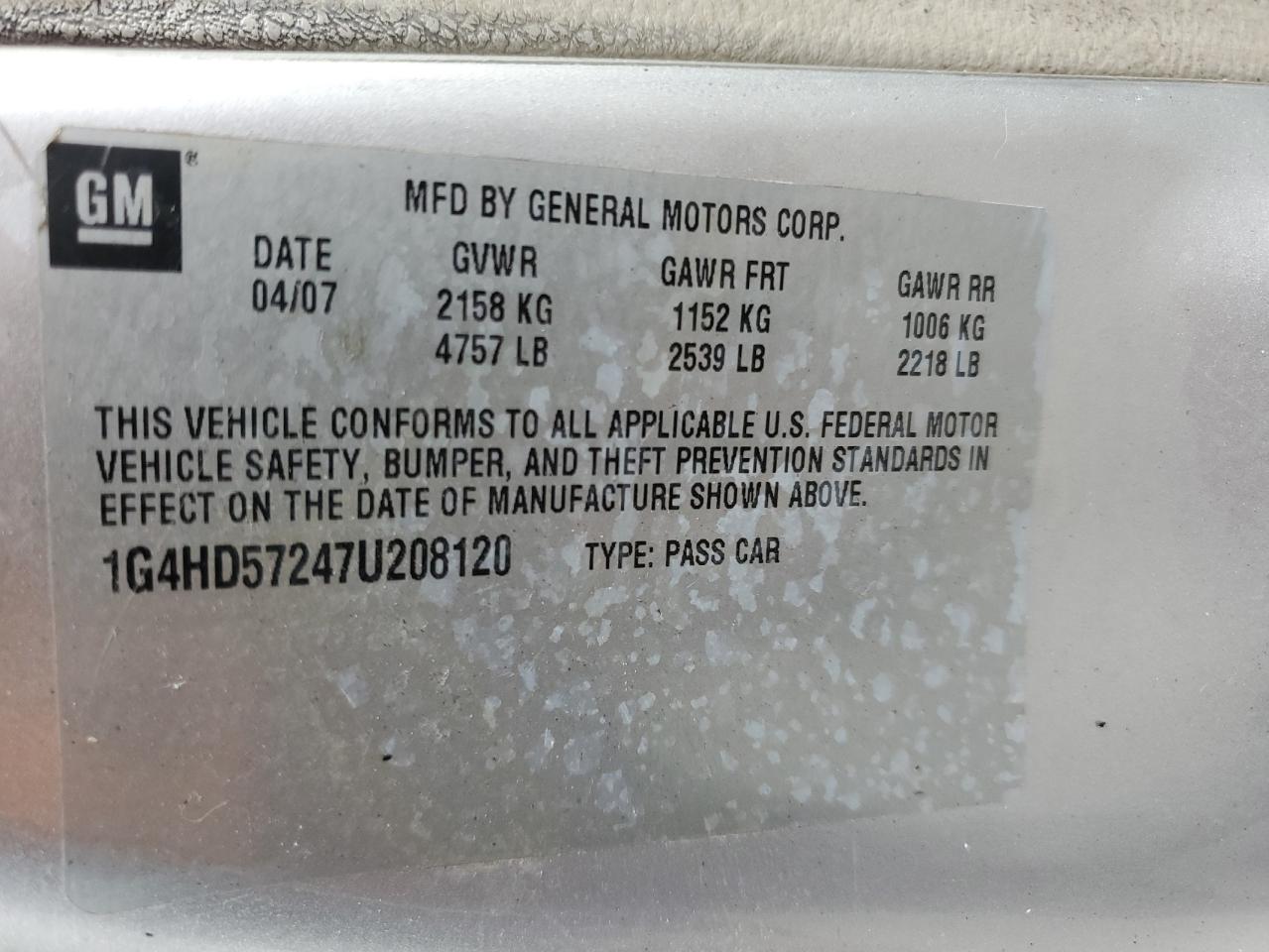 2007 Buick Lucerne Cxl VIN: 1G4HD57247U208120 Lot: 90395405