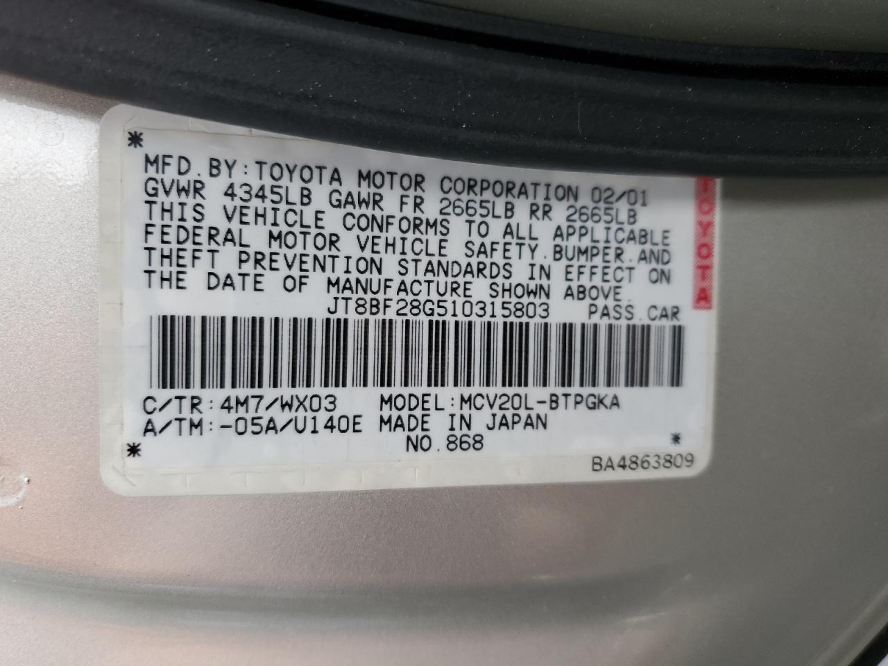 2001 Lexus Es 300 VIN: JT8BF28G510315803 Lot: 93759575