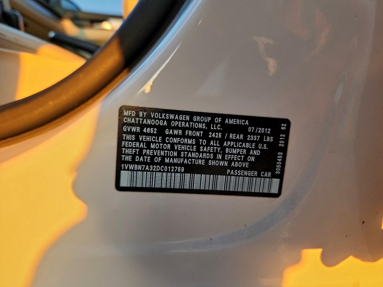 2013 Volkswagen Passat Se VIN: 1VWBN7A32DC012759 Lot: 94582885