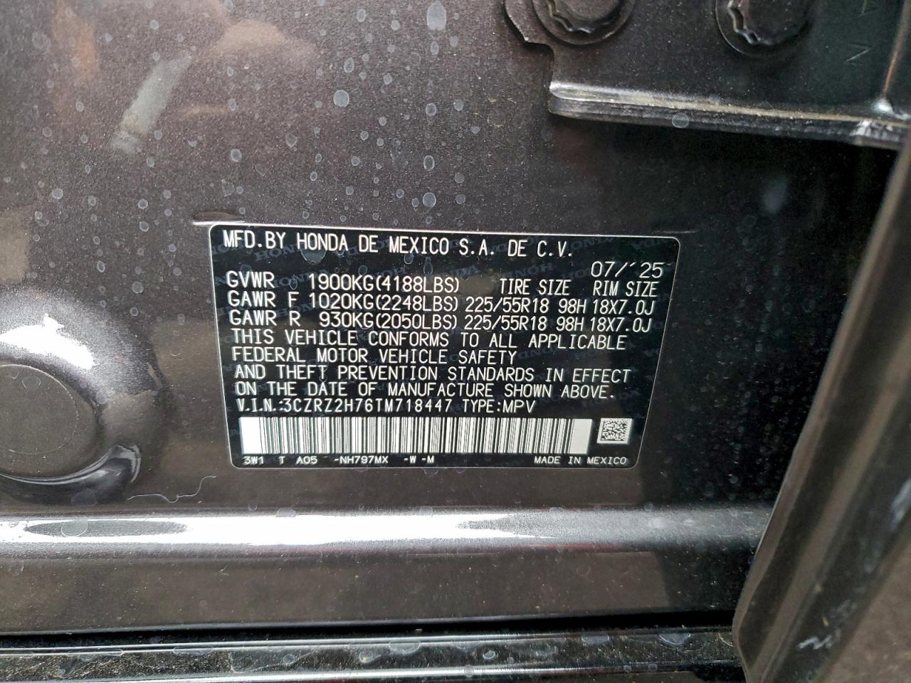 2026 Honda Hr-V Exl VIN: 3CZRZ2H76TM718447 Lot: 92791145