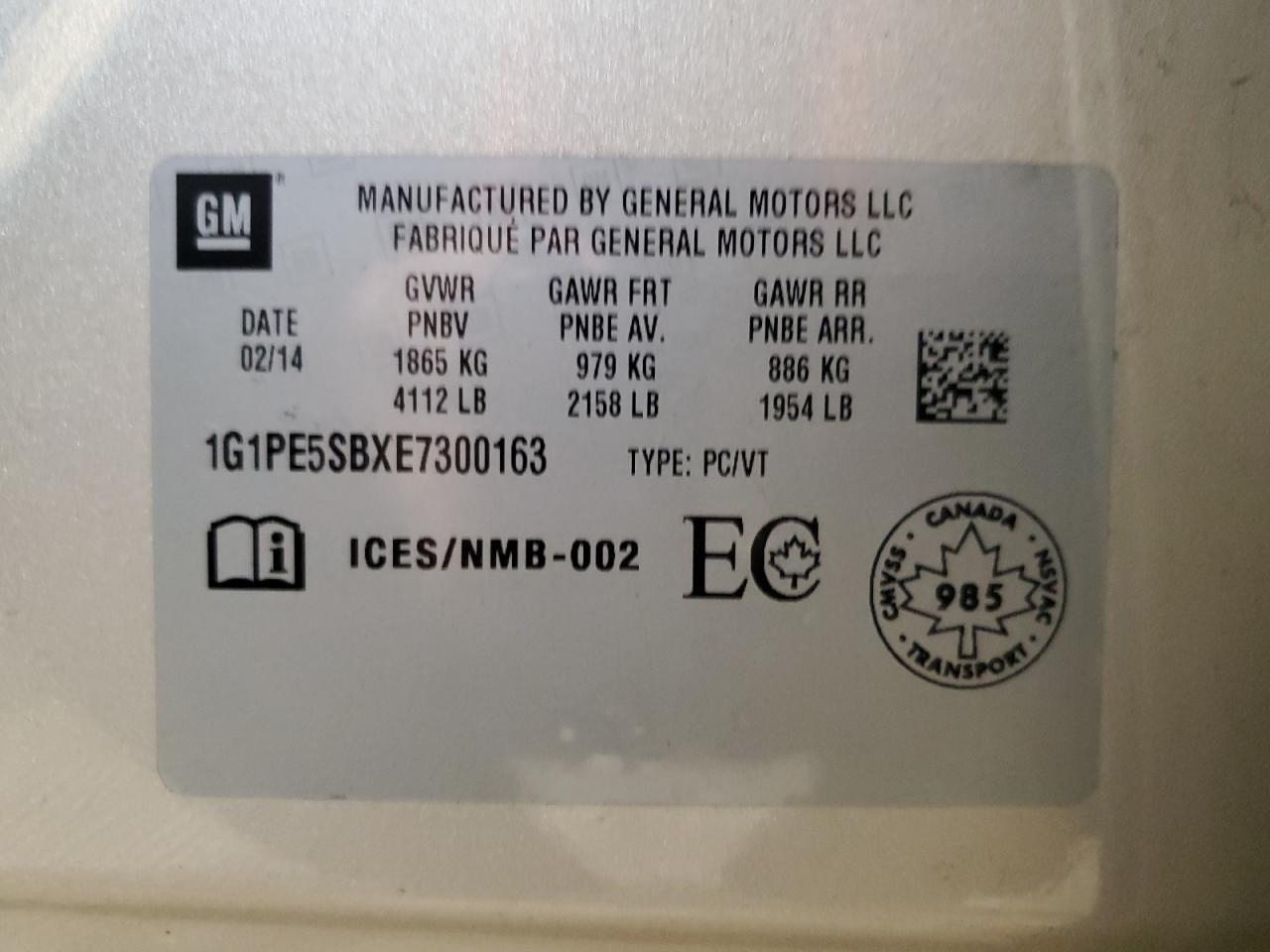 2014 Chevrolet Cruze Lt VIN: 1G1PE5SBXE7300163 Lot: 91831665