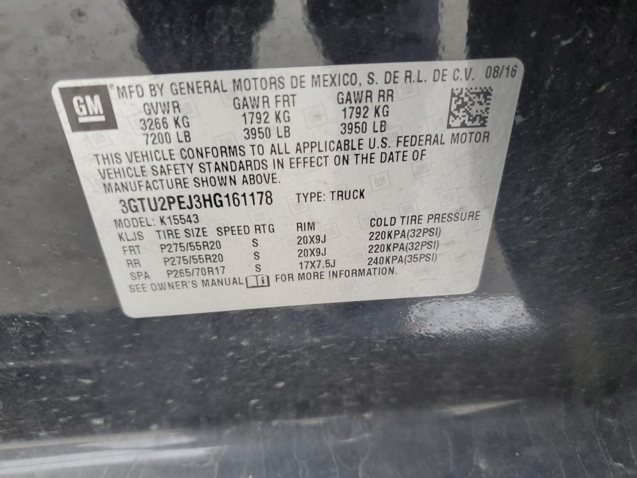 2017 GMC Sierra K1500 Denali VIN: 3GTU2PEJ3HG161178 Lot: 92668305