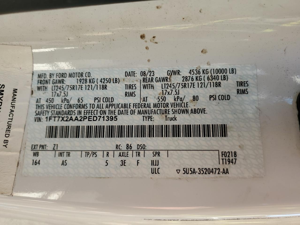 2023 Ford F250 Super Duty VIN: 1FT7X2AA2PED71395 Lot: 92212465