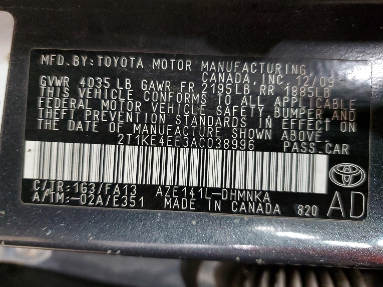 2010 Toyota Corolla Matrix S VIN: 2T1KE4EE3AC038996 Lot: 91610935