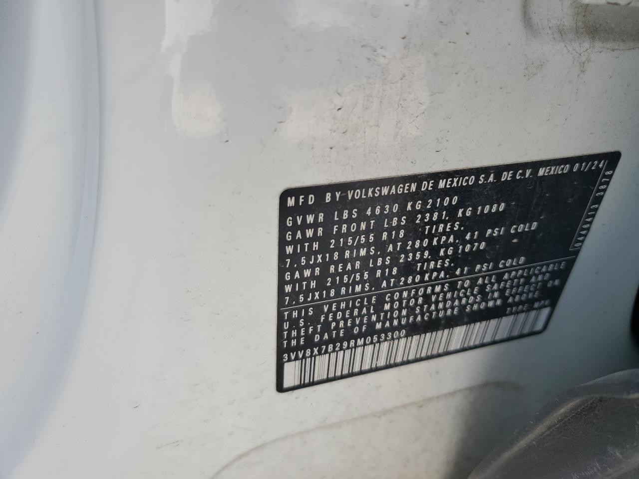 2024 Volkswagen Taos S VIN: 3VV8X7B29RM053300 Lot: 93050835