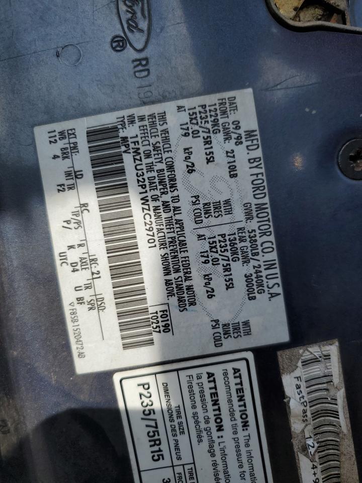 1998 Ford Explorer VIN: 1FMZU32P1WZC29701 Lot: 92196805