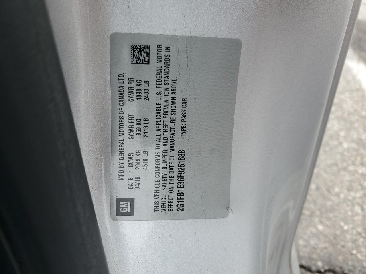 2015 Chevrolet Camaro Ls VIN: 2G1FB1E36F9251688 Lot: 93232615