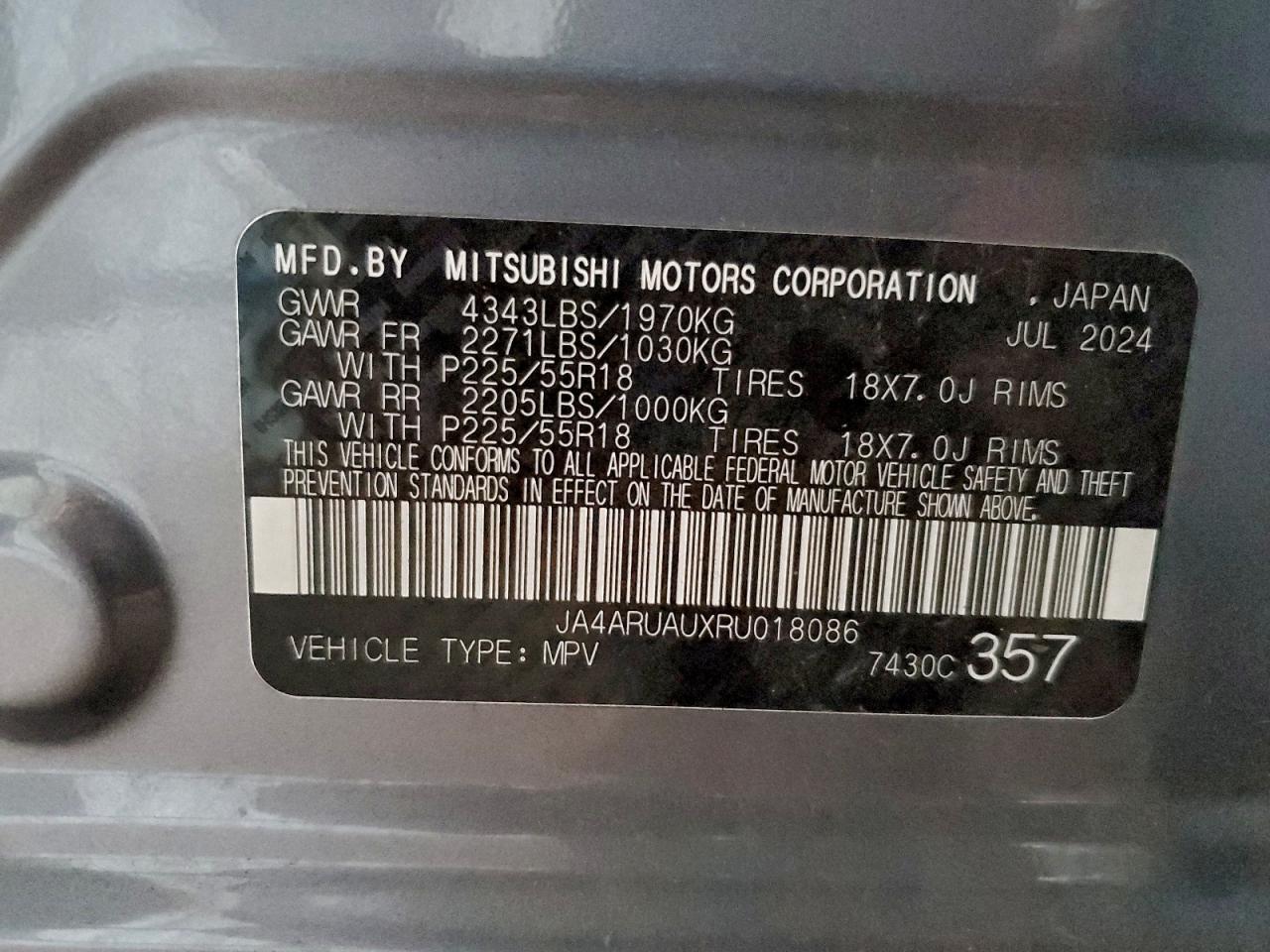 2024 Mitsubishi Outlander Sport S/Se VIN: JA4ARUAUXRU018086 Lot: 94138235