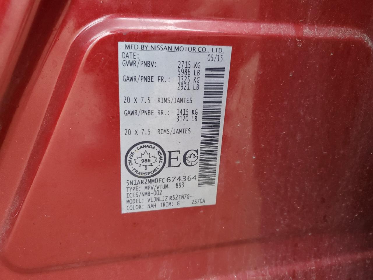 2015 Nissan Pathfinder S VIN: 5N1AR2MM0FC674364 Lot: 93311555
