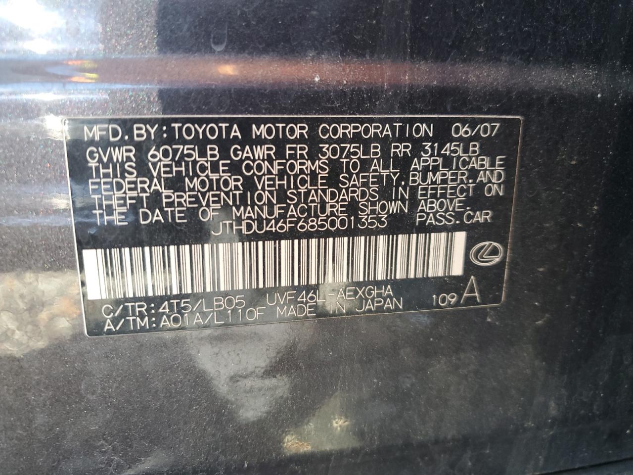 2008 Lexus Ls 600Hl VIN: JTHDU46F685001353 Lot: 91304495