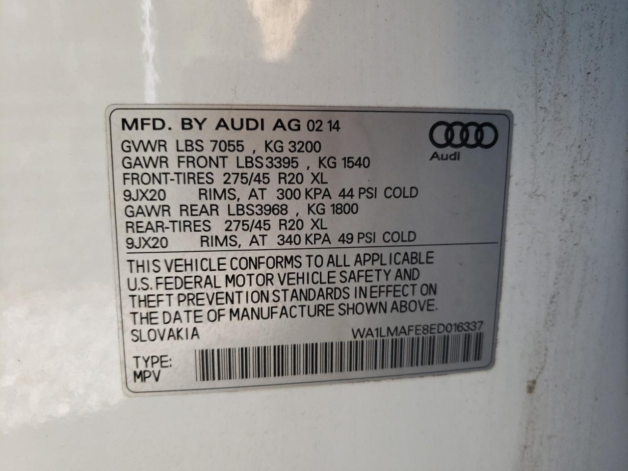 2014 Audi Q7 Premium Plus VIN: WA1LMAFE8ED016337 Lot: 93116335