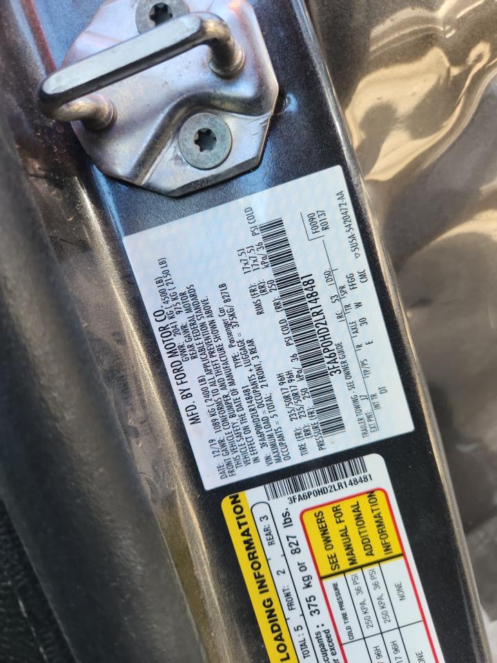 2020 Ford Fusion Se VIN: 3FA6P0HD2LR148481 Lot: 92285025