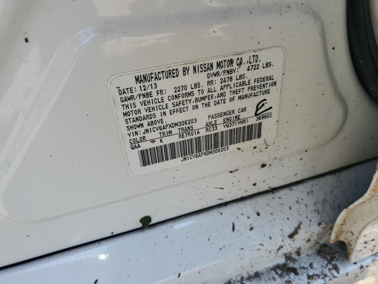 2013 Infiniti G37 Base VIN: JN1CV6APXDM306203 Lot: 92392215