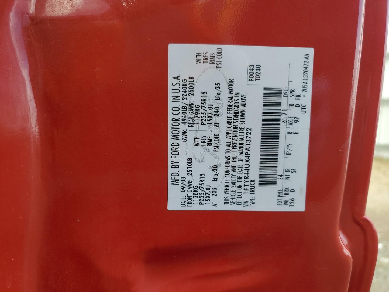 2004 Ford Ranger Super Cab VIN: 1FTYR44UX4PA13722 Lot: 91360595