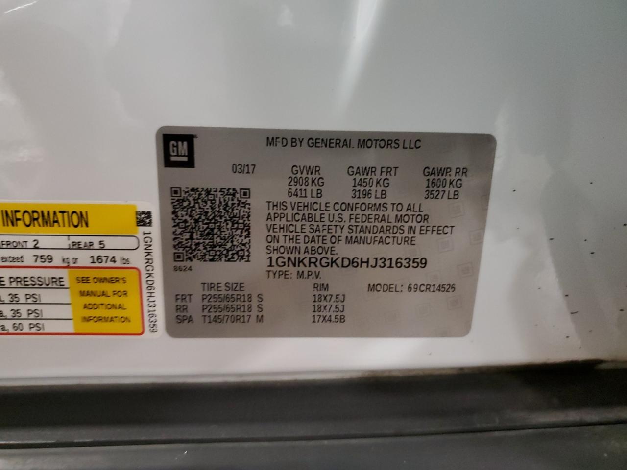 2017 Chevrolet Traverse Lt VIN: 1GNKRGKD6HJ316359 Lot: 93115835