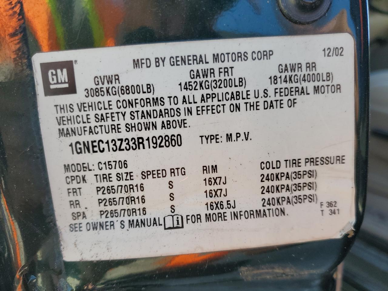 2003 Chevrolet Tahoe C1500 VIN: 1GNEC13Z33R192860 Lot: 92162705