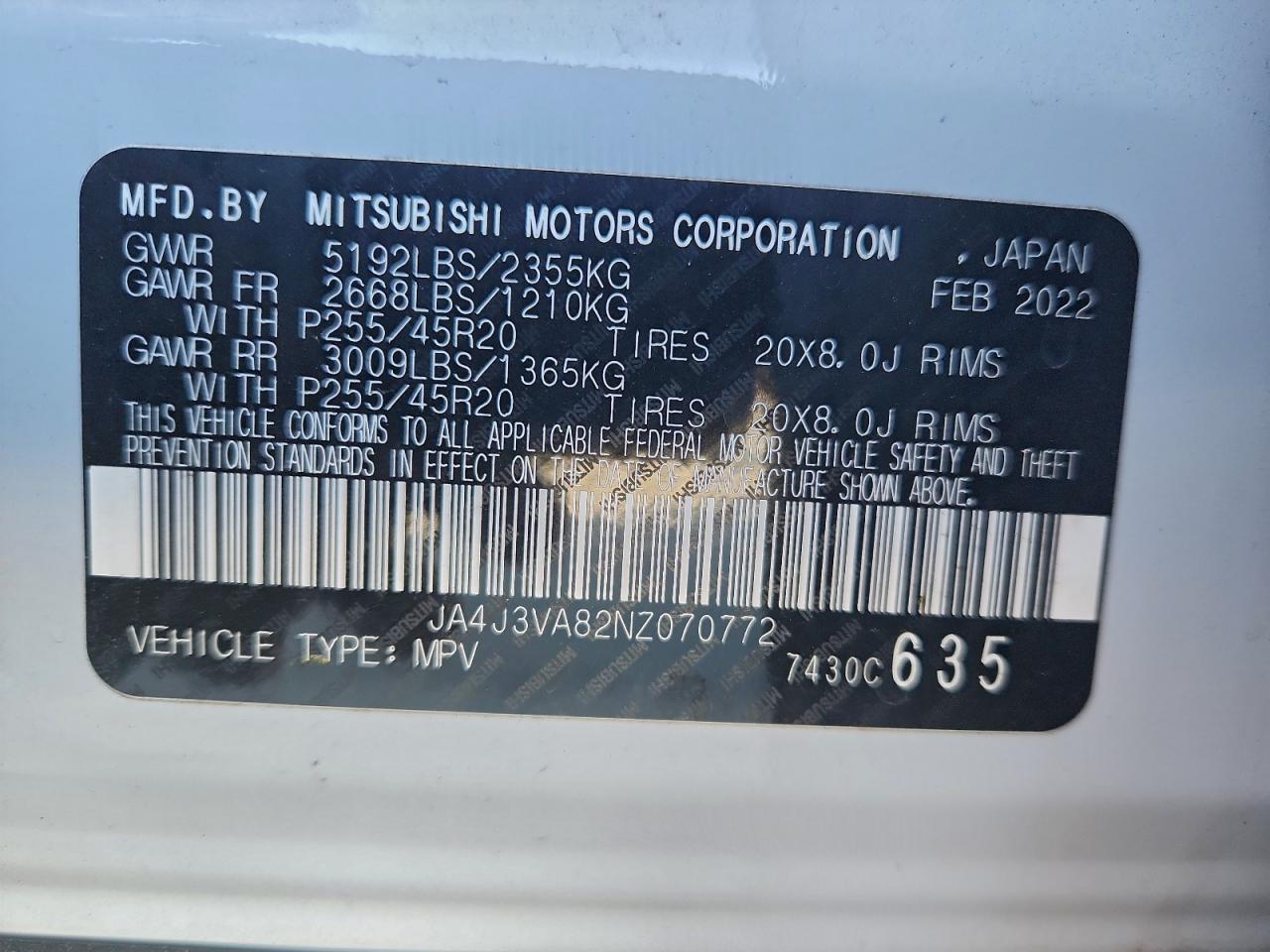 2022 Mitsubishi Outlander Sel VIN: JA4J3VA82NZ070772 Lot: 94238845