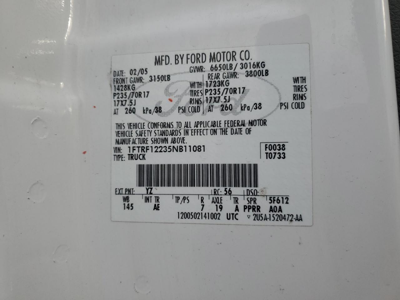 2005 Ford F150 VIN: 1FTRF12235NB11081 Lot: 93738465