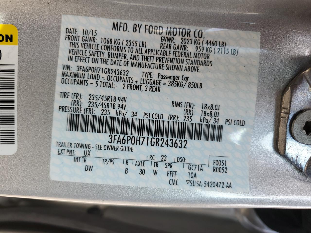 2016 Ford Fusion Se VIN: 3FA6P0H71GR243632 Lot: 93027805