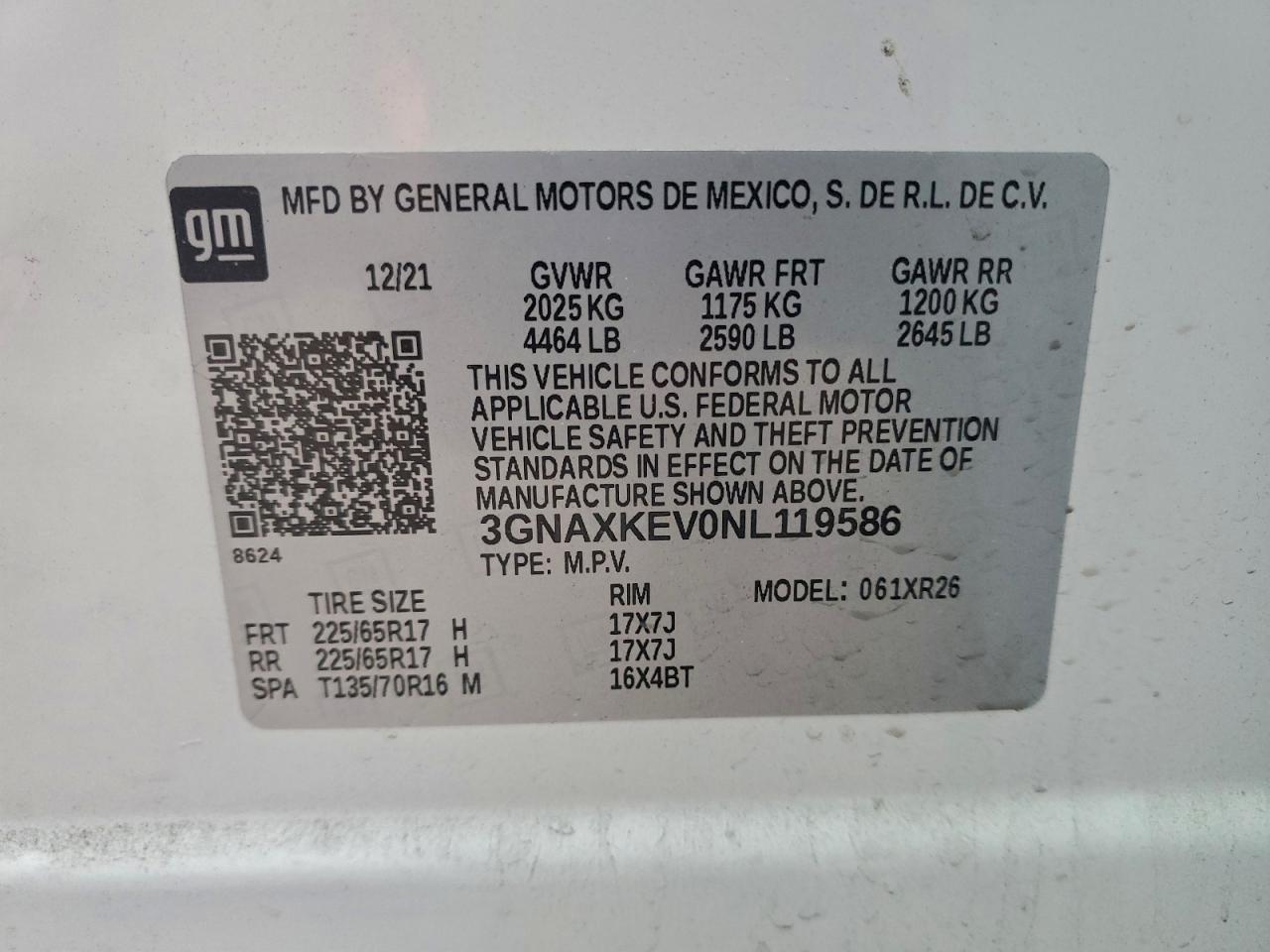 2022 Chevrolet Equinox Lt VIN: 3GNAXKEV0NL119586 Lot: 94247325