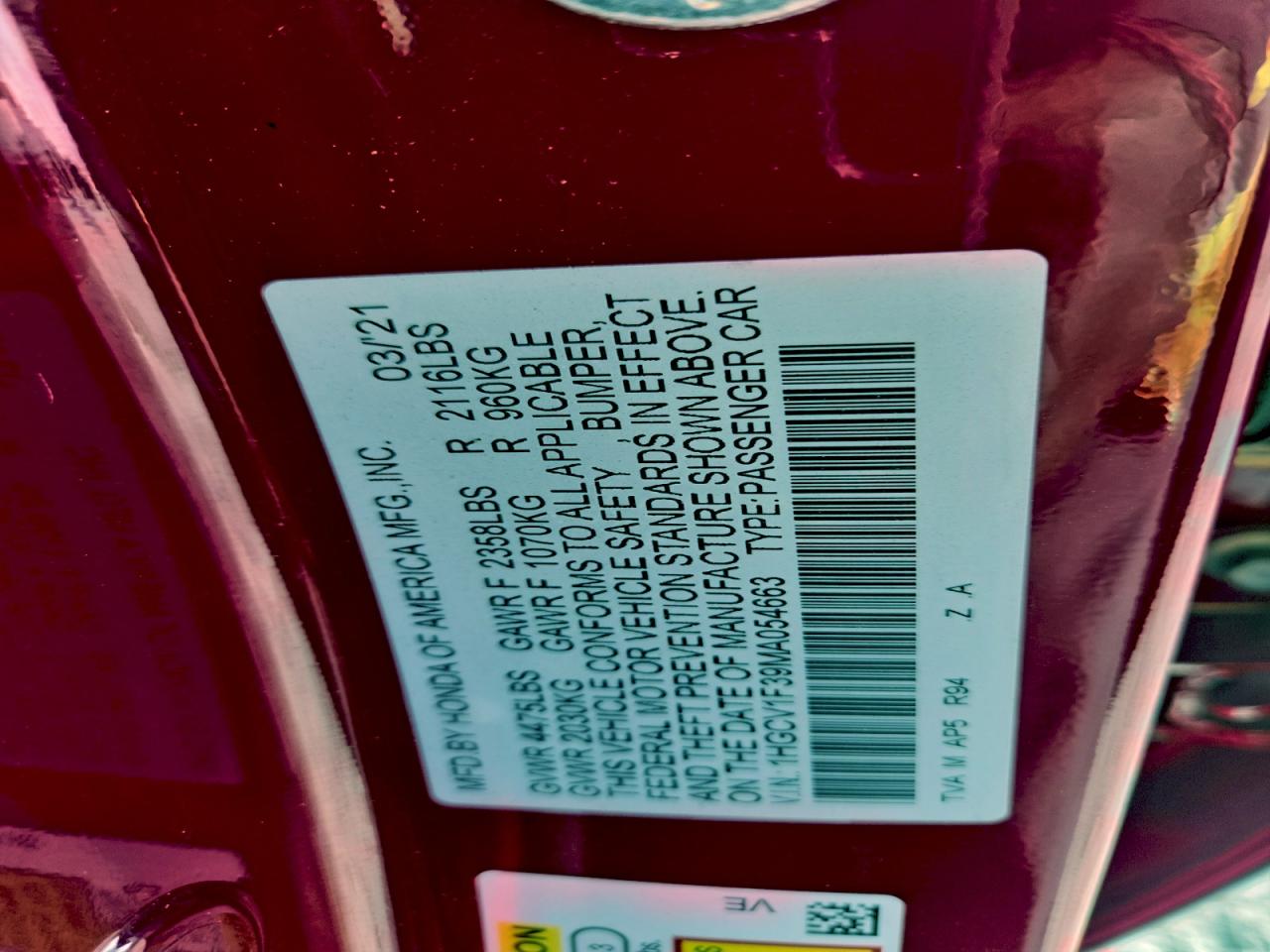 2021 Honda Accord Sport VIN: 1HGCV1F39MA054663 Lot: 94124235