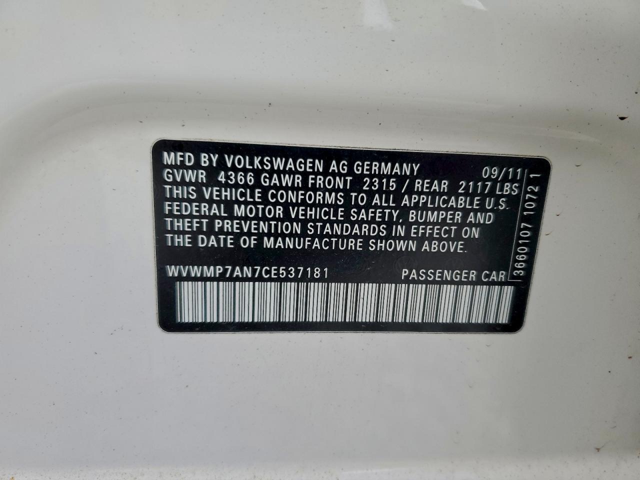 2012 Volkswagen Cc Sport VIN: WVWMP7AN7CE537181 Lot: 94262885